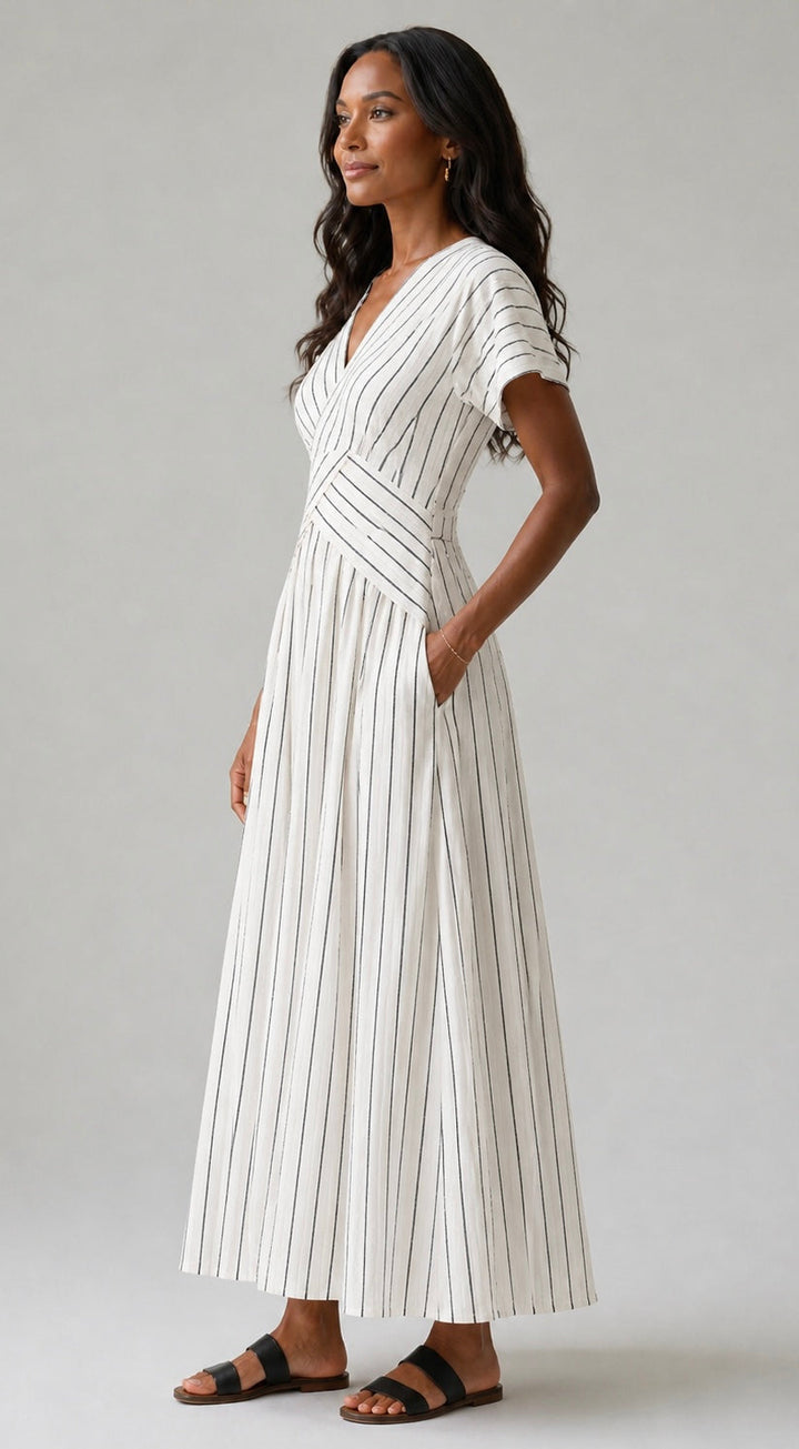 Cressida | V-Neck Short Sleeve Cross Waist Midi Dress