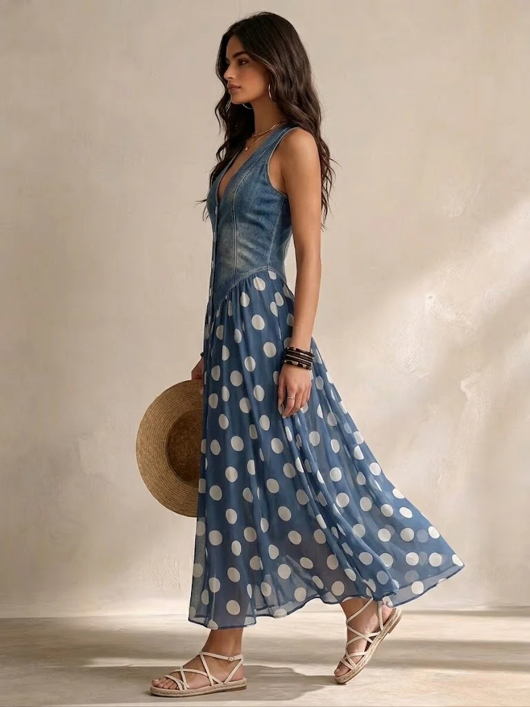 Jasmin | Denim Dress With Polka Dot Chiffon Skirt