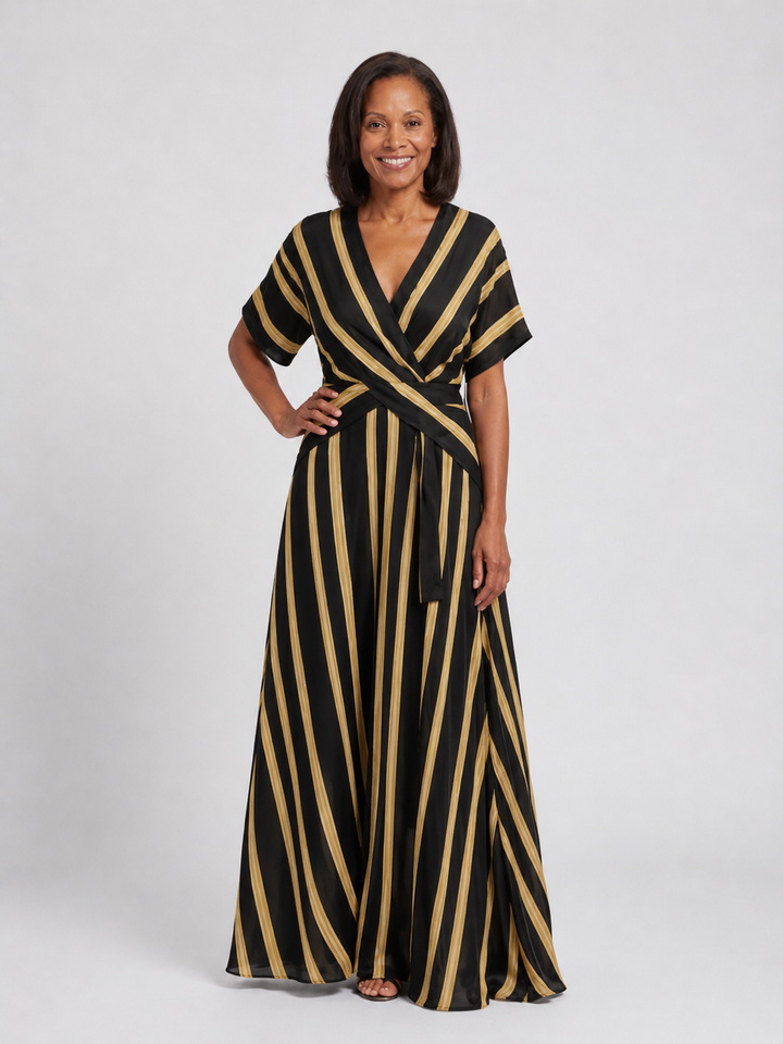 Lina | Short Sleeve V-Neck Striped Wrap Midi Dress