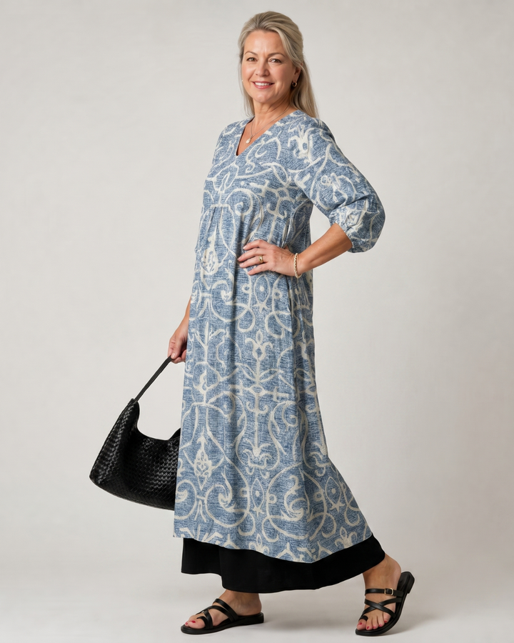 Lumera | Vintage Scroll Print Soft Drape Midi Dress