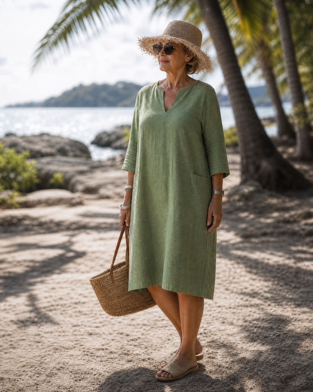 Elixir | Textured V-Neck Three Quarter Sleeve Knee Length Dress
