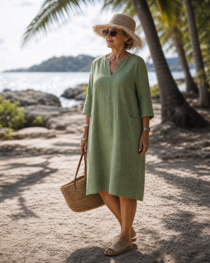Elixir | Textured V-Neck Three Quarter Sleeve Knee Length Dress
