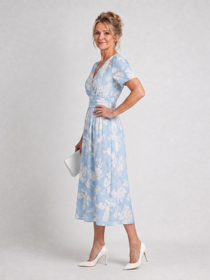 Marion | Floral Print Short Sleeve V-Neck Midi Dress