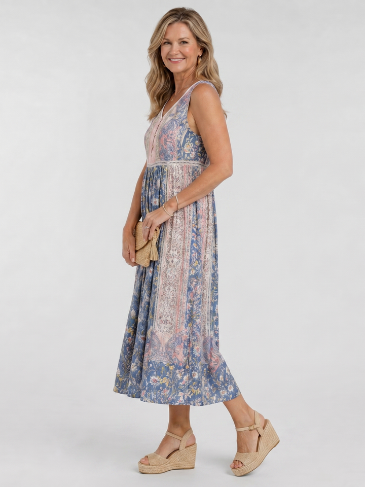Lemez | Mixed Floral Sleeveless Button Detail Midi Dress