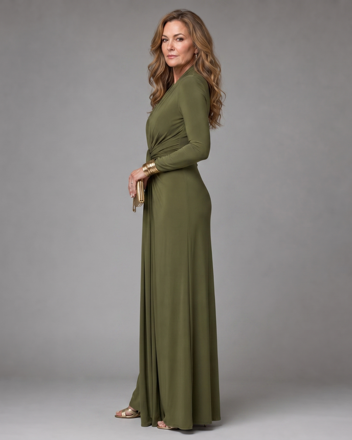Vimmer | Draped Deep V-Neck Long Sleeve Maxi Dress