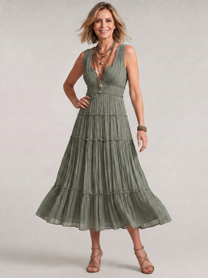 Somala | Pleated Sleeveless Tiered V-Neck Midi Dress
