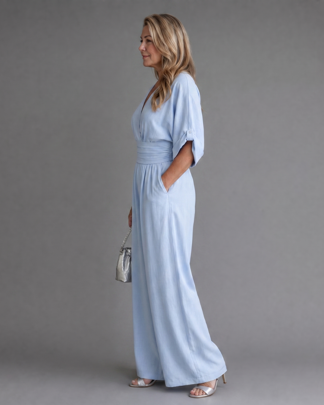 Emene | Draped V-Neck Wide Leg Relaxed Jumpsuit