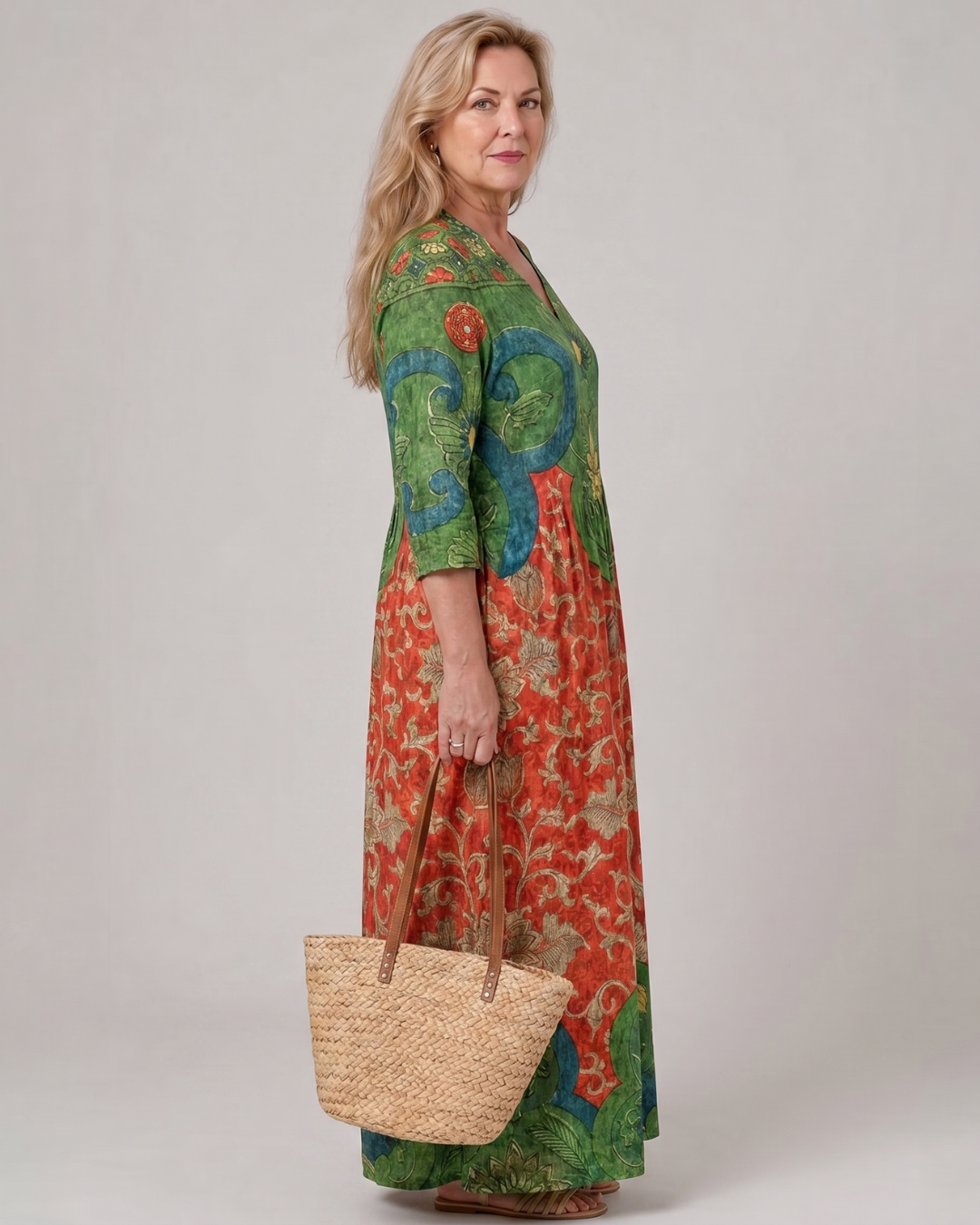 Zeloria | Abstract Vintage Print Relaxed Three Quarter Sleeve Midi Dress