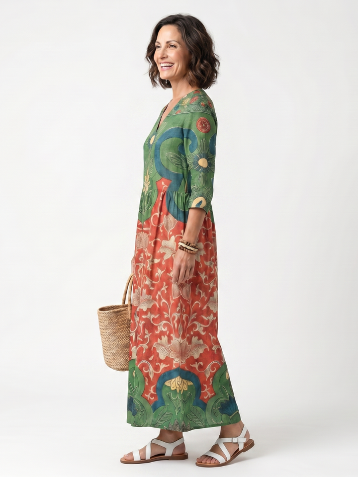 Sloane | Mixed Print V-Neck Pocket Midi Dress