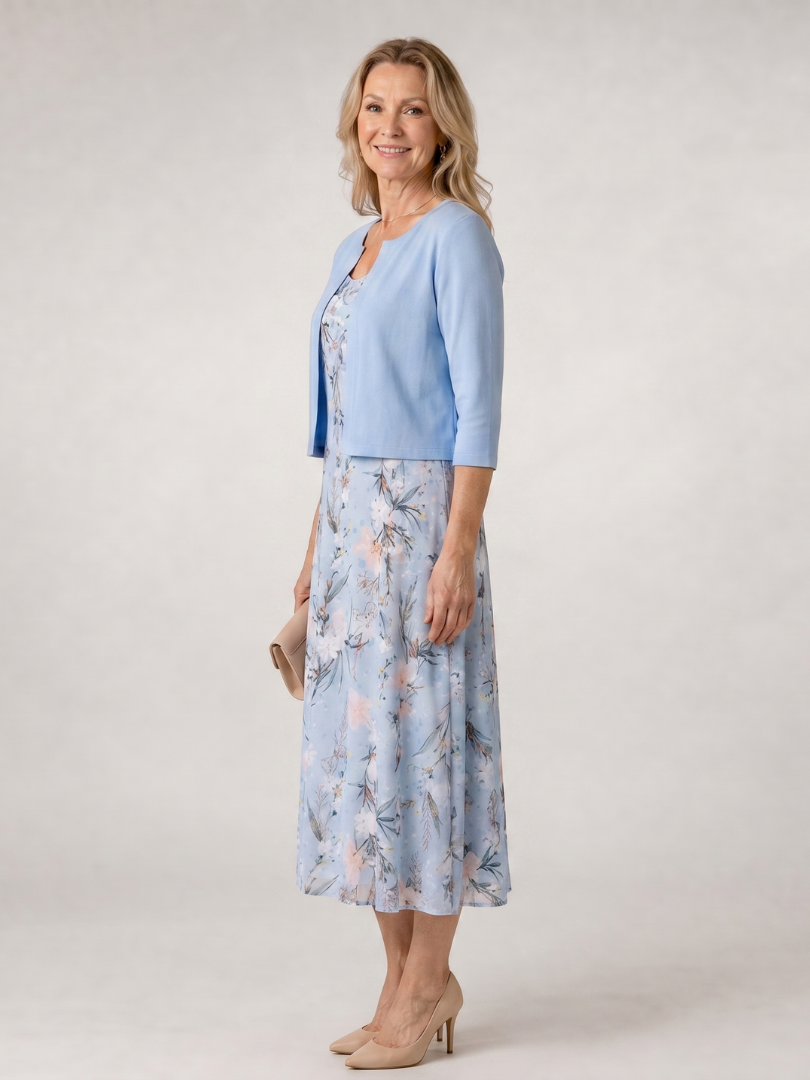 Celeste | Floral Print Sleeveless Cropped Jacket Midi Dress