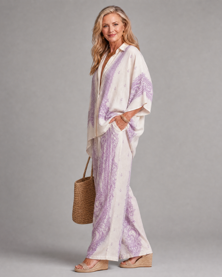 Sodaya | Soft Print Oversized Shirt And Wide Leg Pants Set