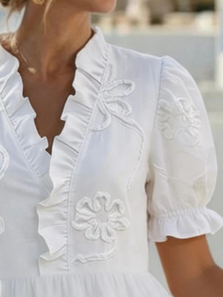 Melina | Embroidered Ruffle V-Neck Midi Dress