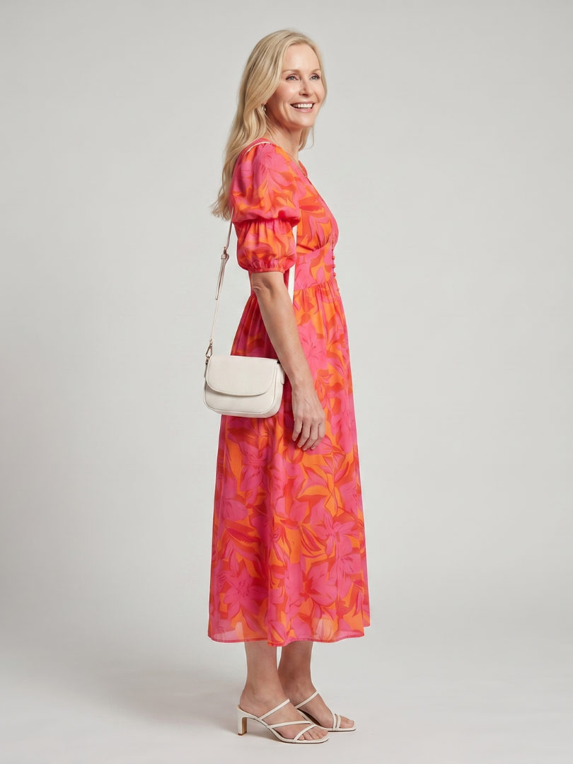 Zarelle | Puff Sleeve V-Neck Bold Floral Print Midi Dress
