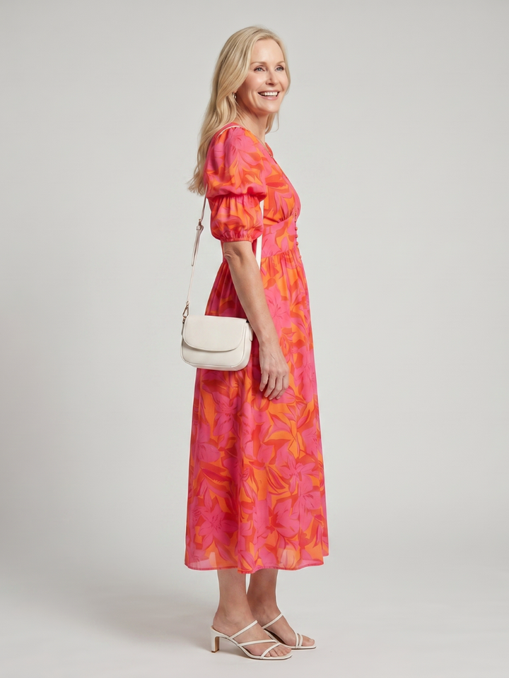 Zarelle | Puff Sleeve V-Neck Bold Floral Print Midi Dress