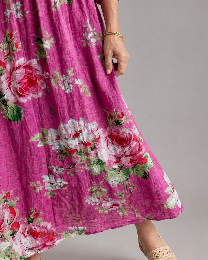 Rosavelle | Vintage Rose Print Gathered Waist Midi Dress