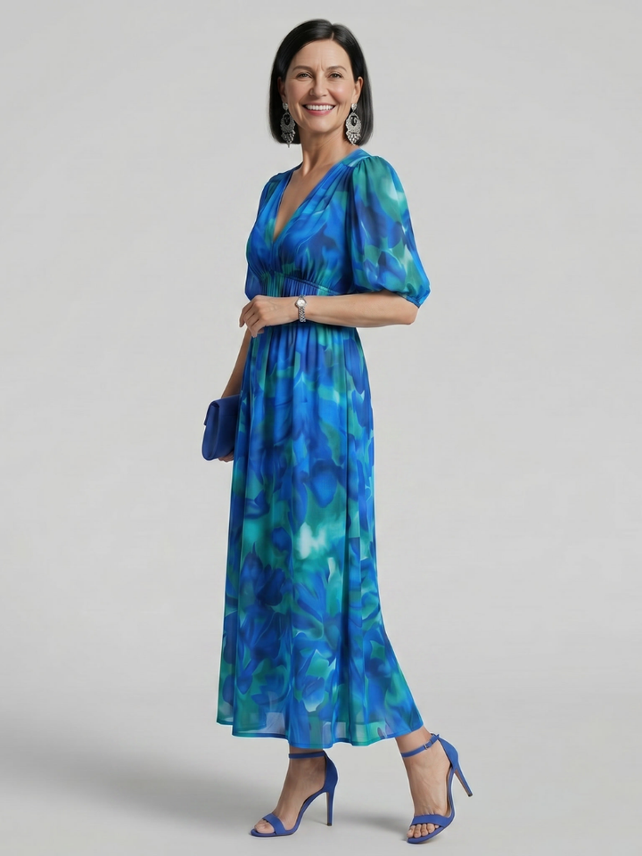 Candlia | Puff Sleeve V-Neck Abstract Print Midi Dress