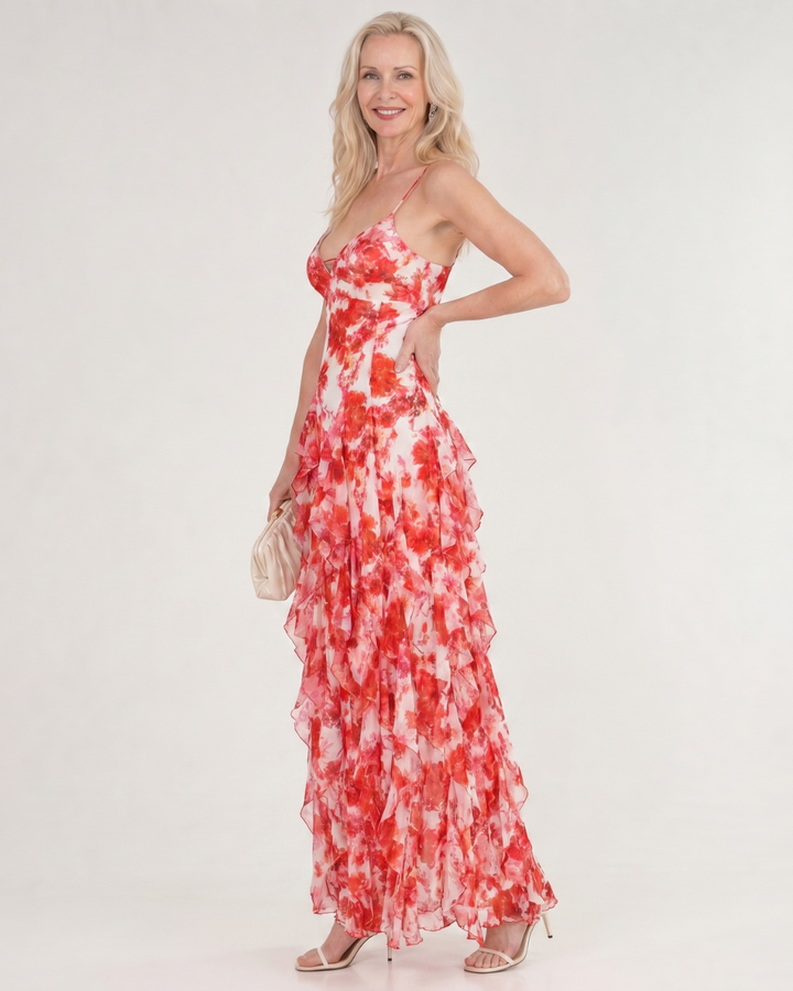 Vugeh | Watercolor Floral Ruffle Hem Sleeveless Midi Dress