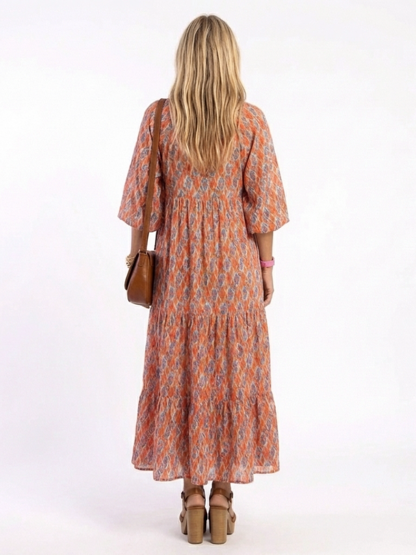 Amara | Geometric Print V-Neck Tiered Midi Dress