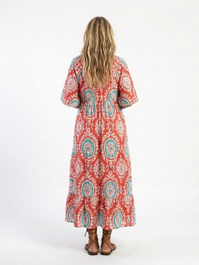 Zaria | Paisley Print V-Neck Short Sleeve Midi Dress