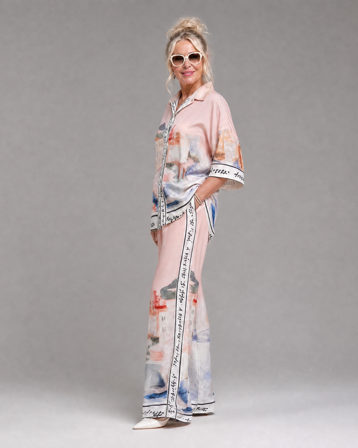 Akela | Scenic Print Button Front Shirt And Wide Leg Pants Set