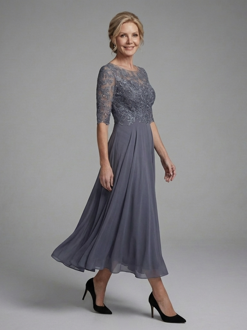 Olivine | Lace Bodice Sheer Sleeve Midi Dress