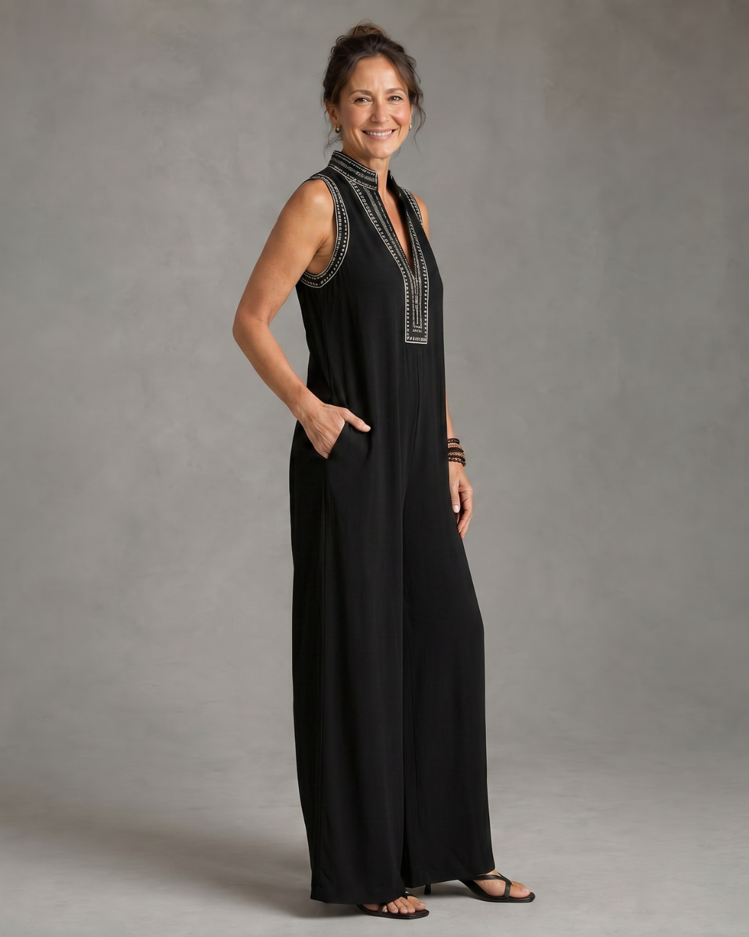 Velmira | Embroidered V-Neck Sleeveless Wide Leg Jumpsuit