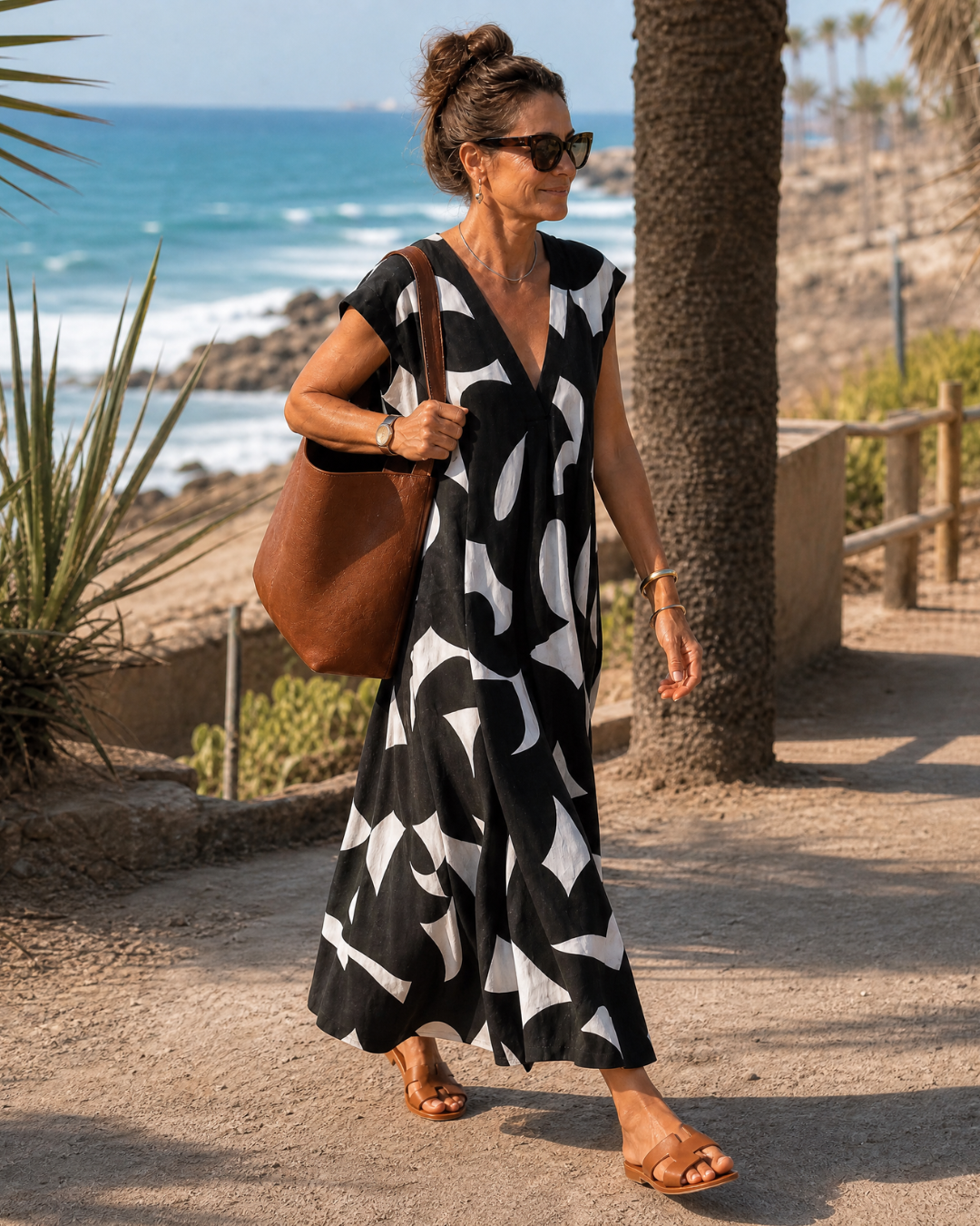 Verain | Abstract Print V-Neck Flowing Midi Dress
