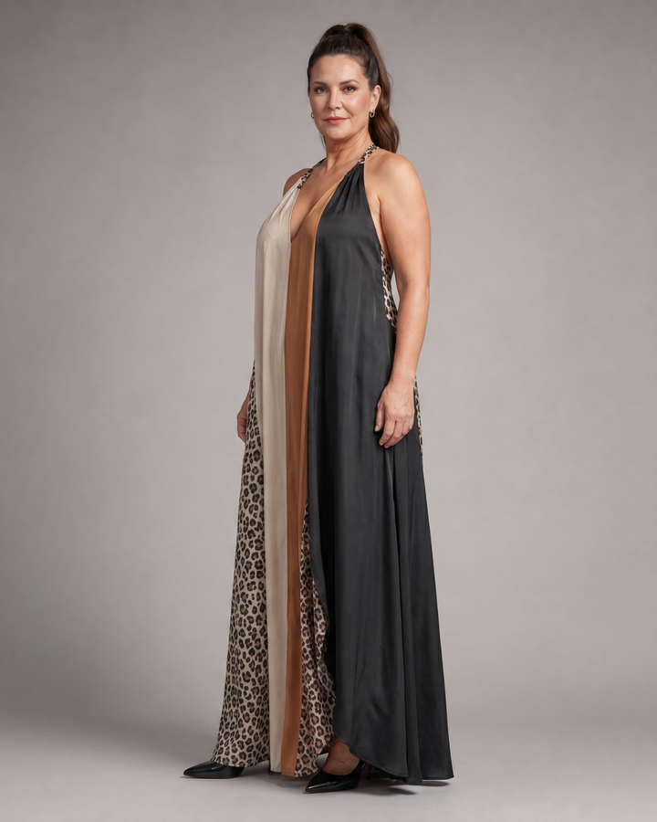 Zephielle | Colour Block Animal Print Halter Flowing Maxi Dress
