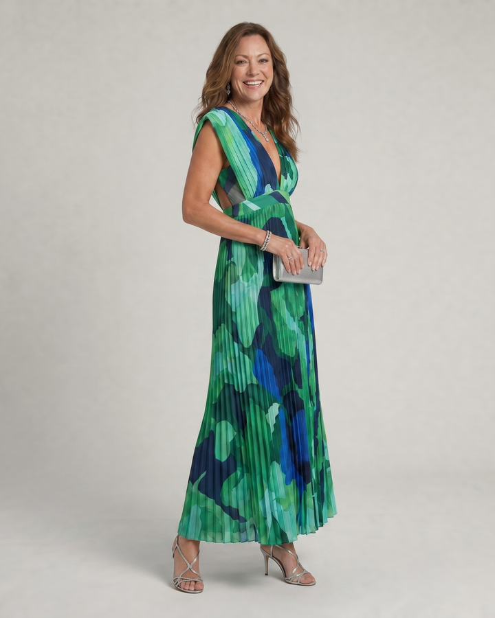 Omnios | Abstract Pleated Cap Sleeve V-Neck Midi Dress