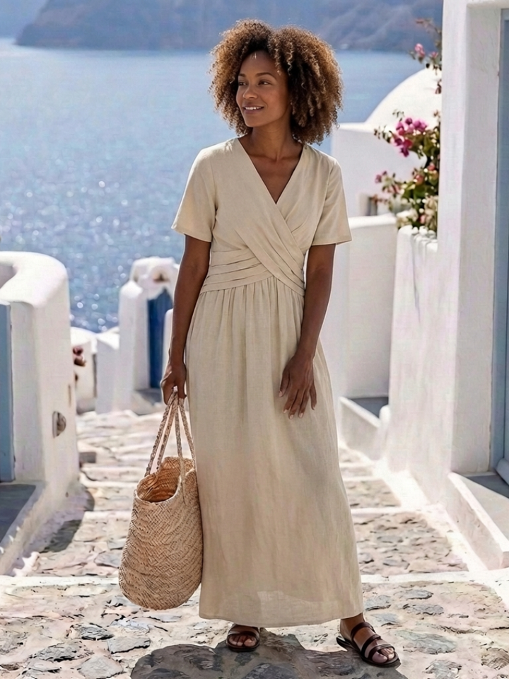 Alvara | V-Neck Short Sleeve Wrap Waist Midi Dress