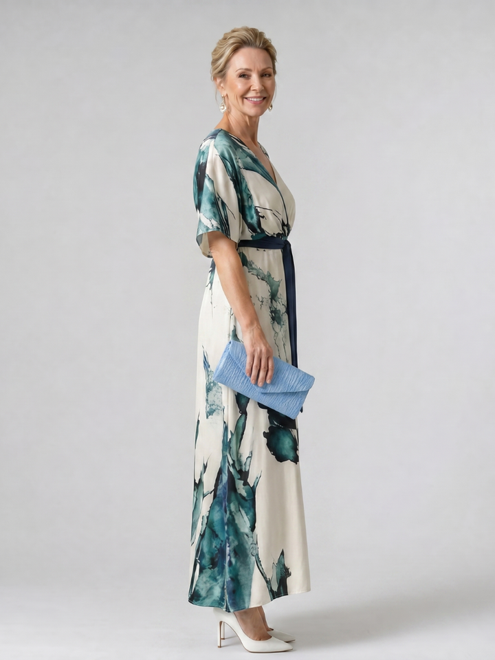 Moglos | Abstract Belted Flutter Sleeve Maxi Dress