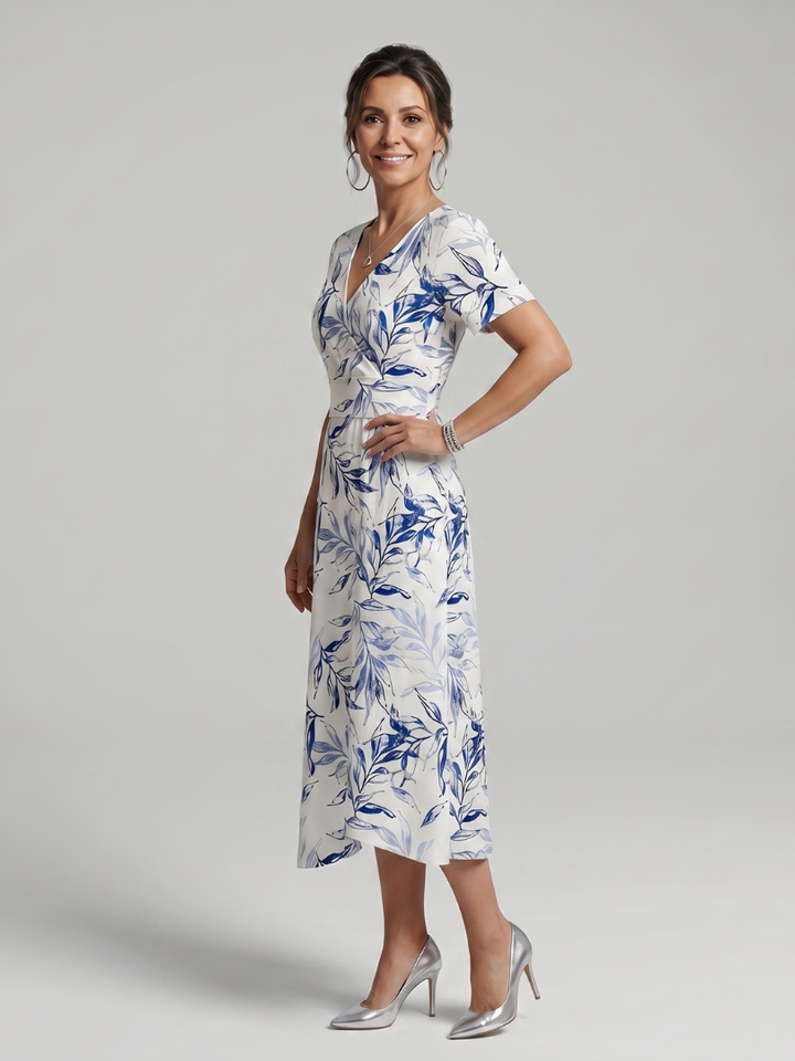 Kael | V-Neck Soft Botanical Print Midi Dress