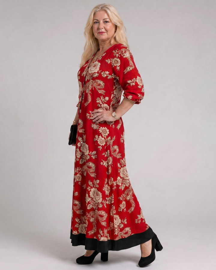Thopal | Vintage Floral V-Neck Relaxed Midi Dress