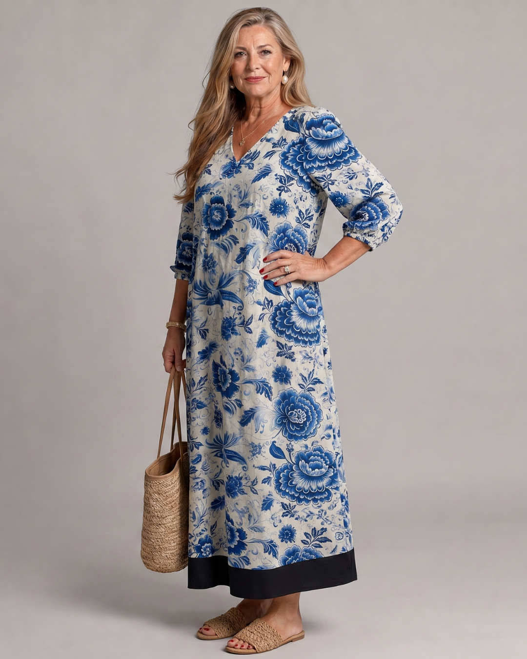 Celope | Blue Porcelain Floral Pocket Detail Midi Dress