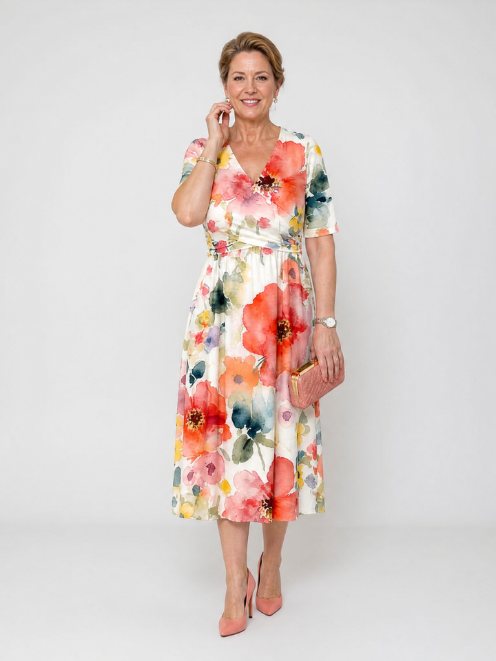 Corinne | Floral Print Short Sleeve V-Neck Midi Dress