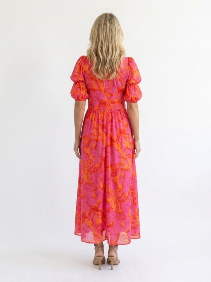 Sadie | Floral V-Neck Puff Sleeve Midi Dress