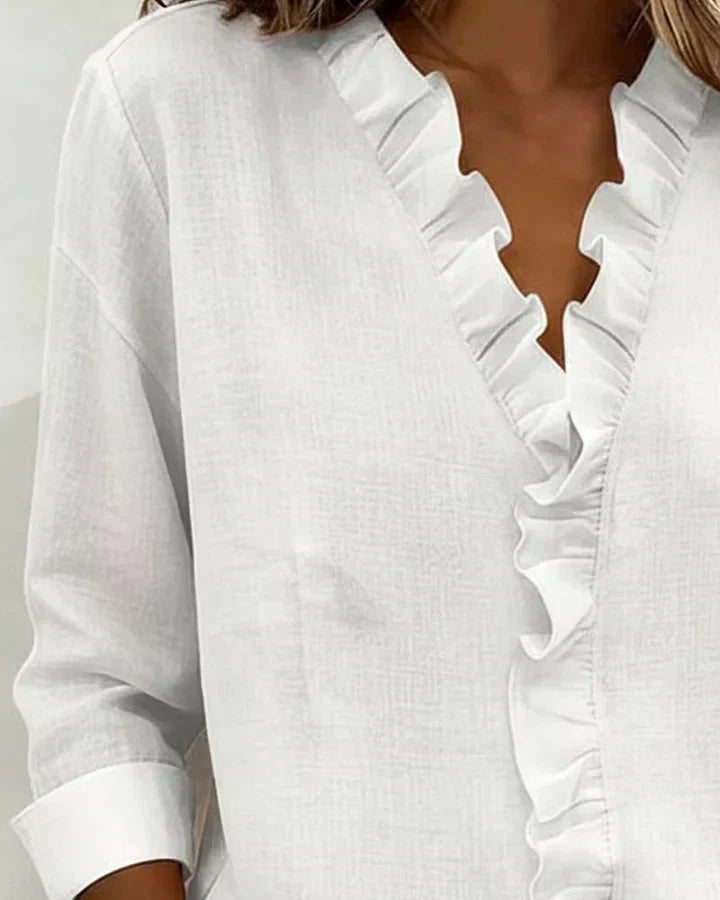 Audrey | Blouse with Ruffles, V-Neck and Long Sleeves