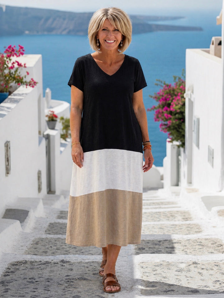 Thalia | Short Sleeve Colour Block V-Neck Midi Dress