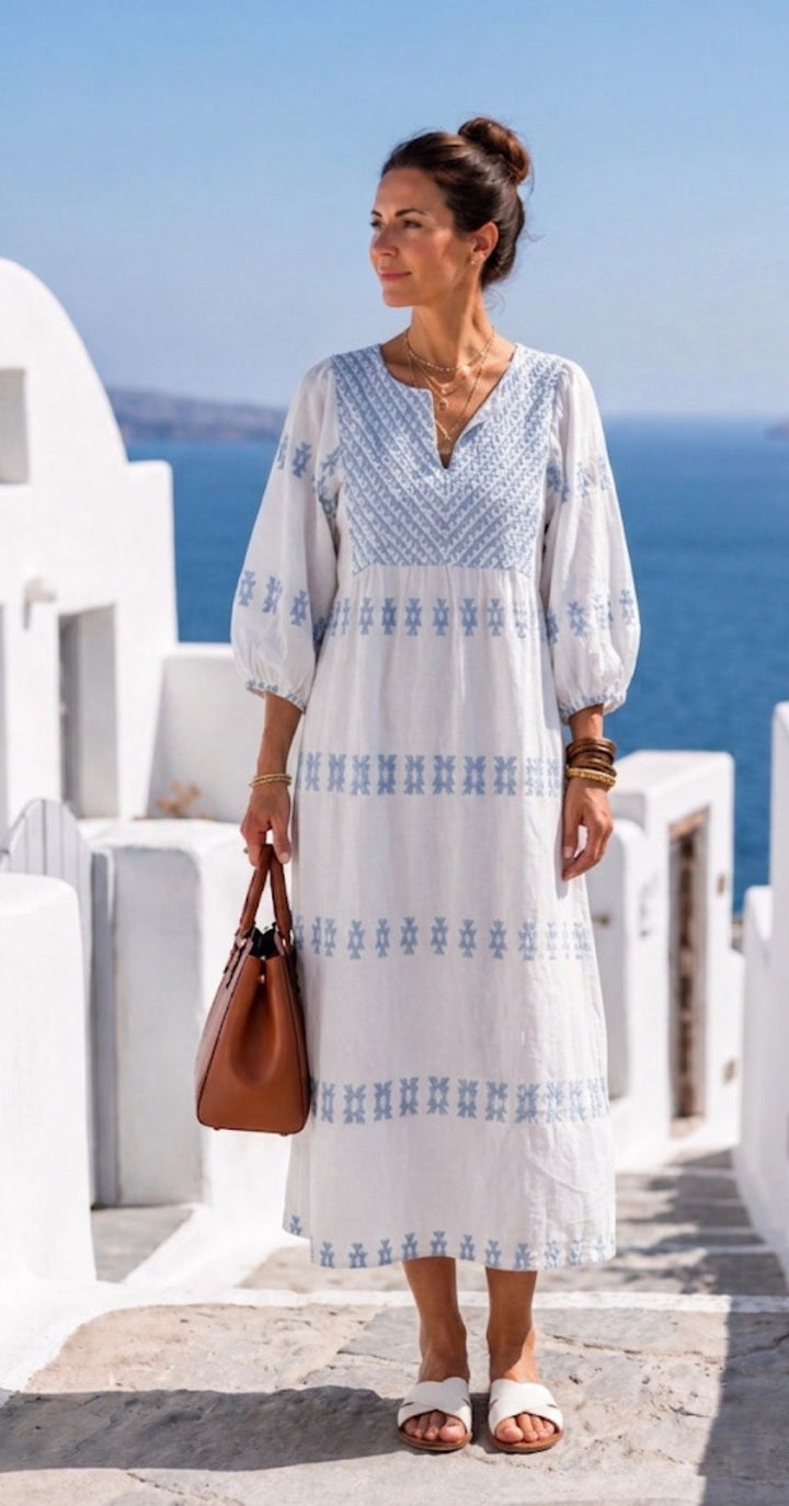 Evadne | V-Neck Long Sleeve Embroidered Maxi Dress