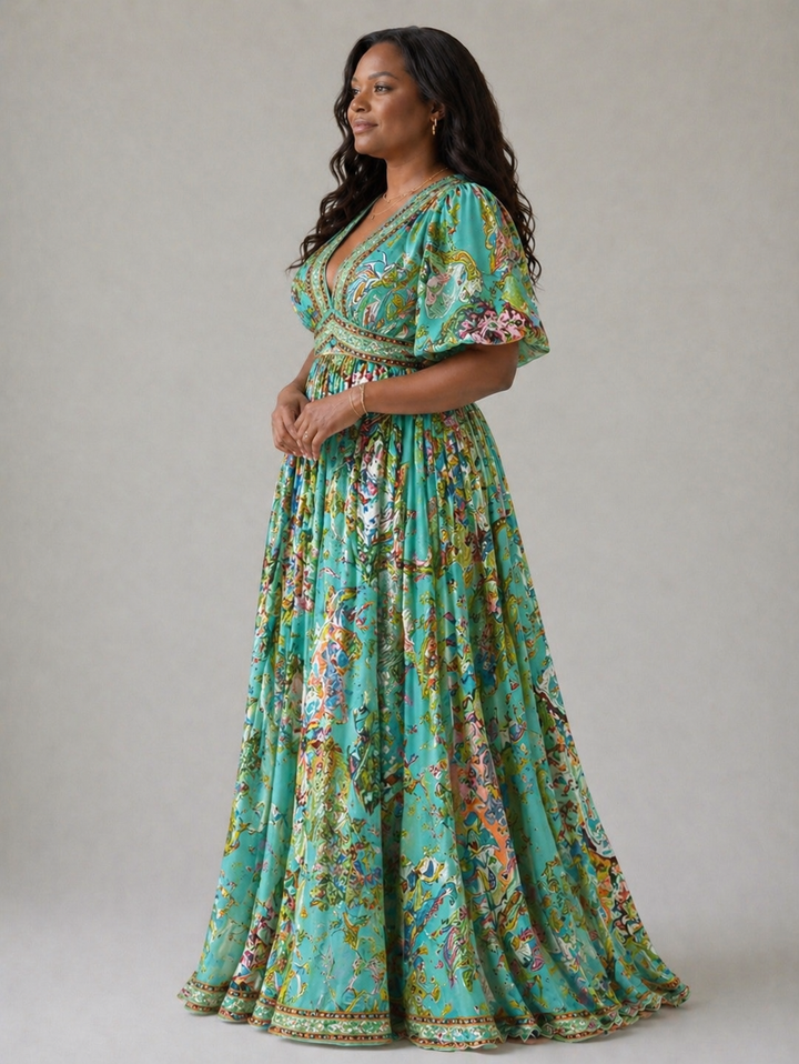 Hazel | Airy maxi dress with puff sleeves and V-Neck