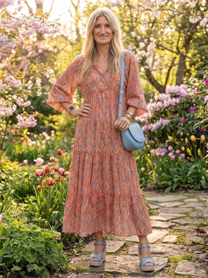 Amara | Geometric Print V-Neck Tiered Midi Dress