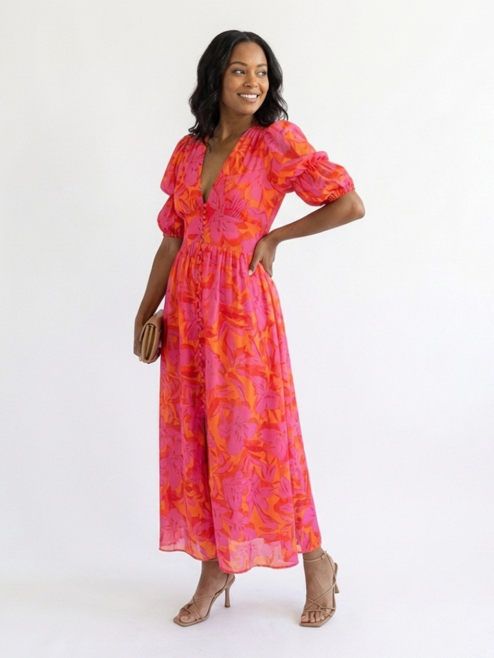 Willow | Floral V-Neck Puff Sleeve Midi Dress