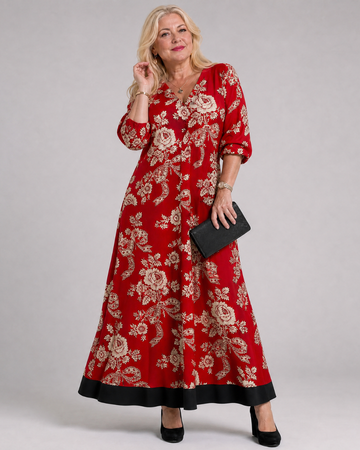 Thopal | Vintage Floral V-Neck Relaxed Midi Dress