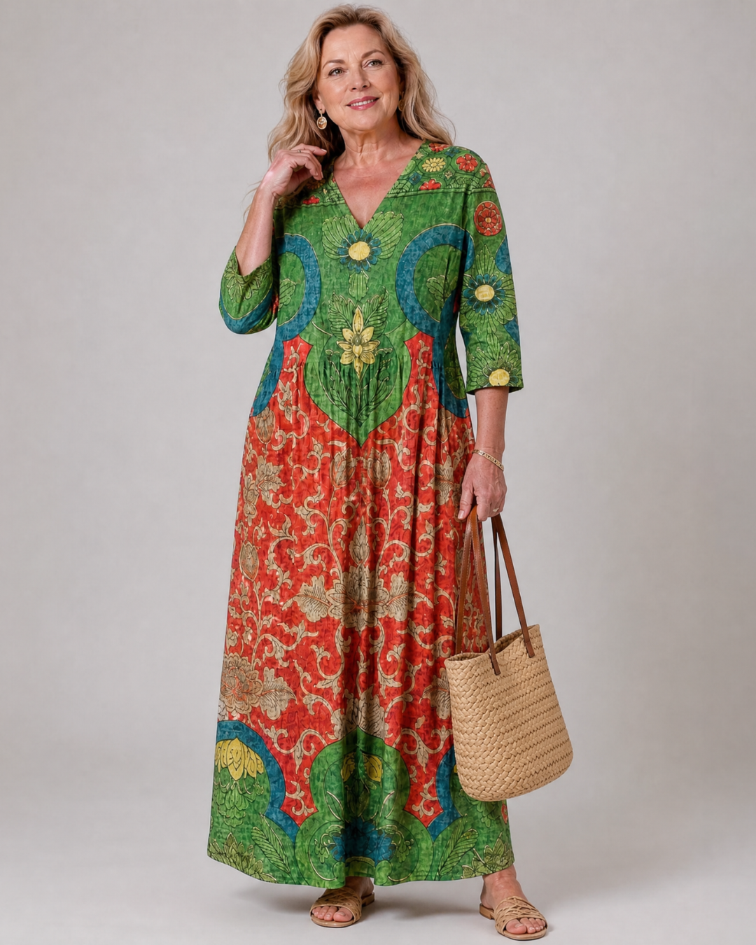Zeloria | Abstract Vintage Print Relaxed Three Quarter Sleeve Midi Dress