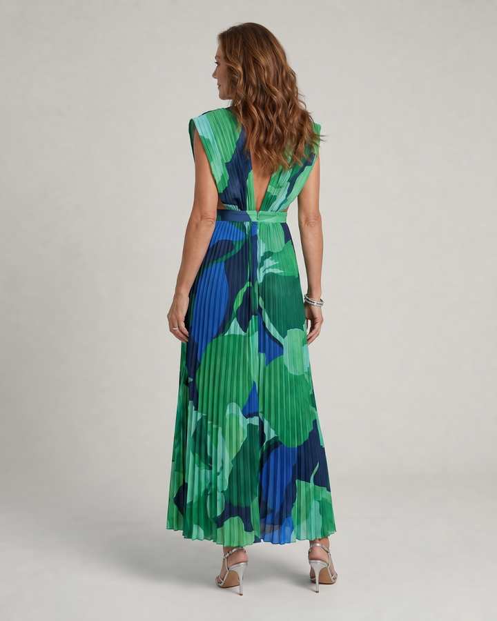 Omnios | Abstract Pleated Cap Sleeve V-Neck Midi Dress