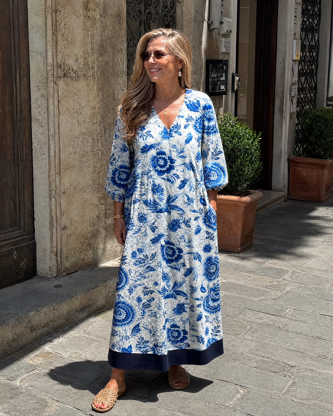 Celope | Blue Porcelain Floral Pocket Detail Midi Dress