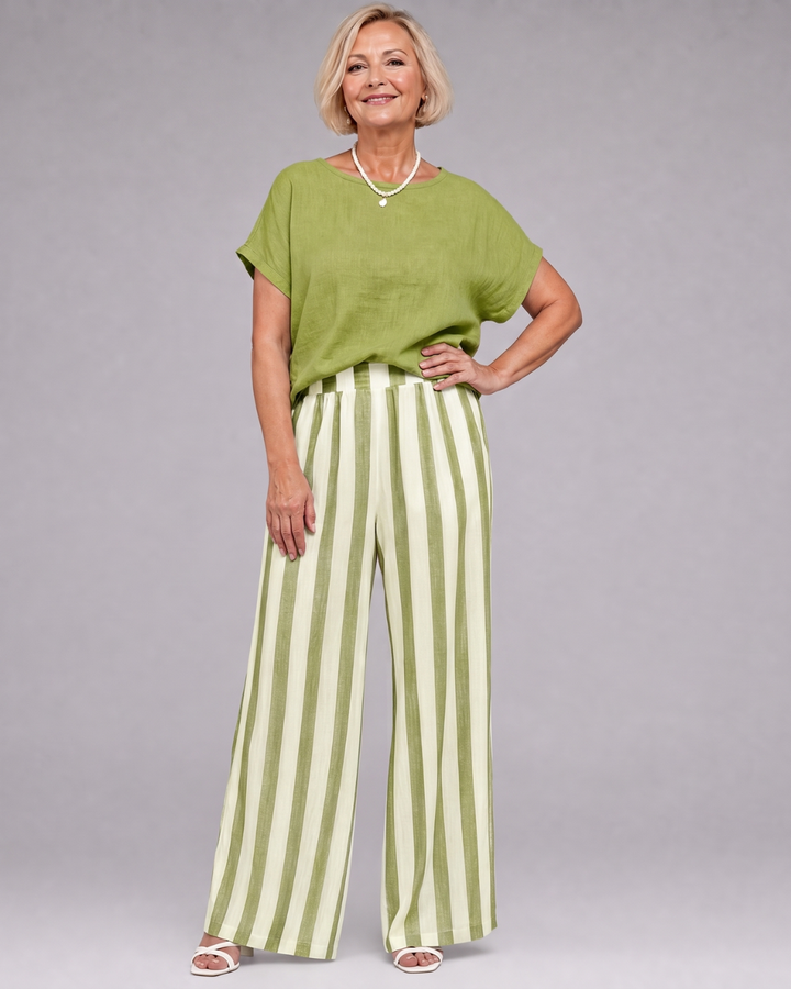 Miolna | Linen Blend Top And Striped Wide Leg Pants Set