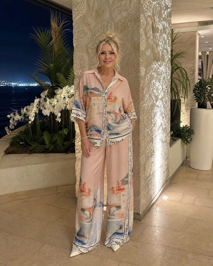 Akela | Scenic Print Button Front Shirt And Wide Leg Pants Set