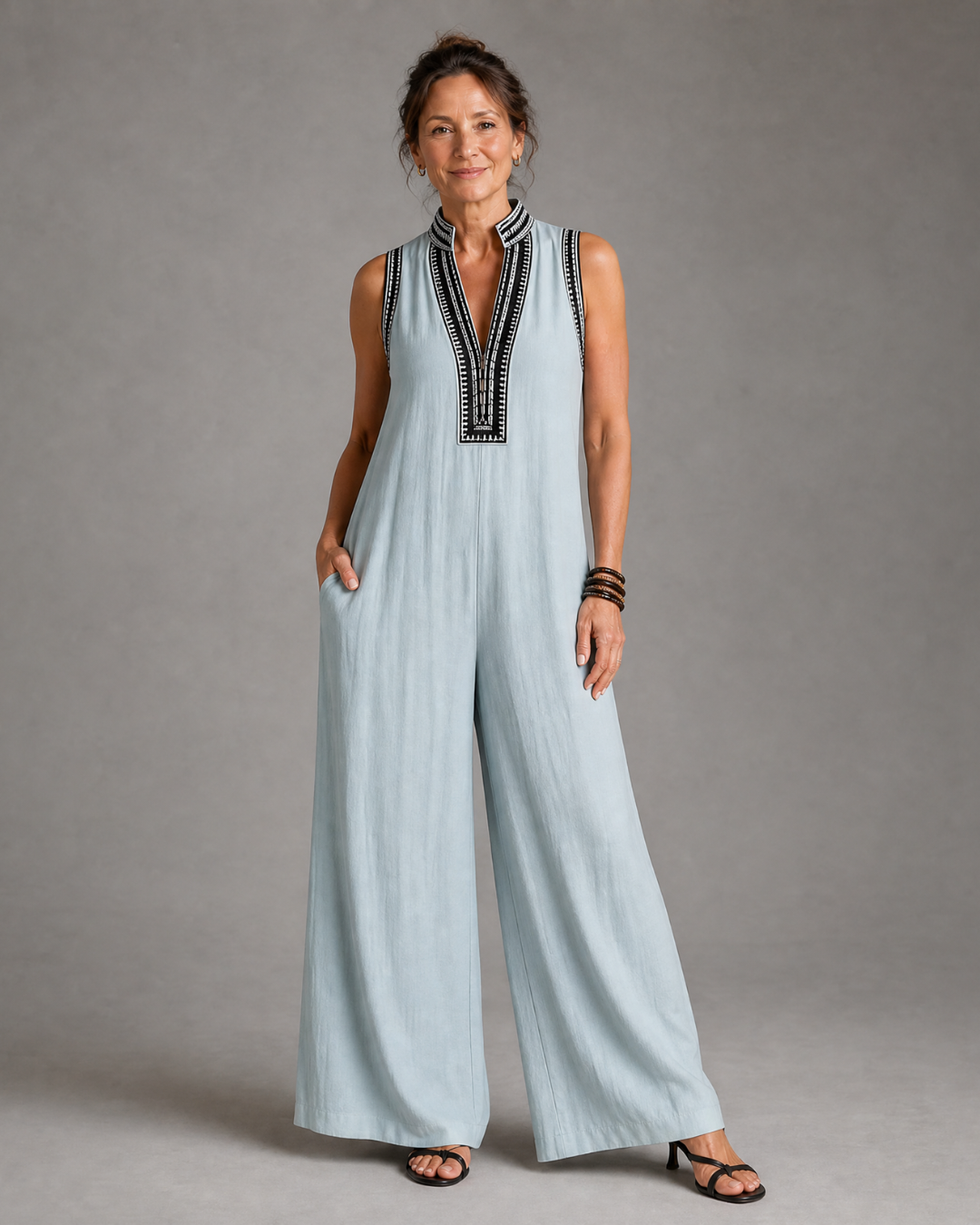 Velmira | Embroidered V-Neck Sleeveless Wide Leg Jumpsuit
