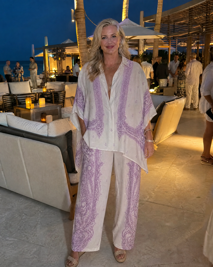 Sodaya | Soft Print Oversized Shirt And Wide Leg Pants Set